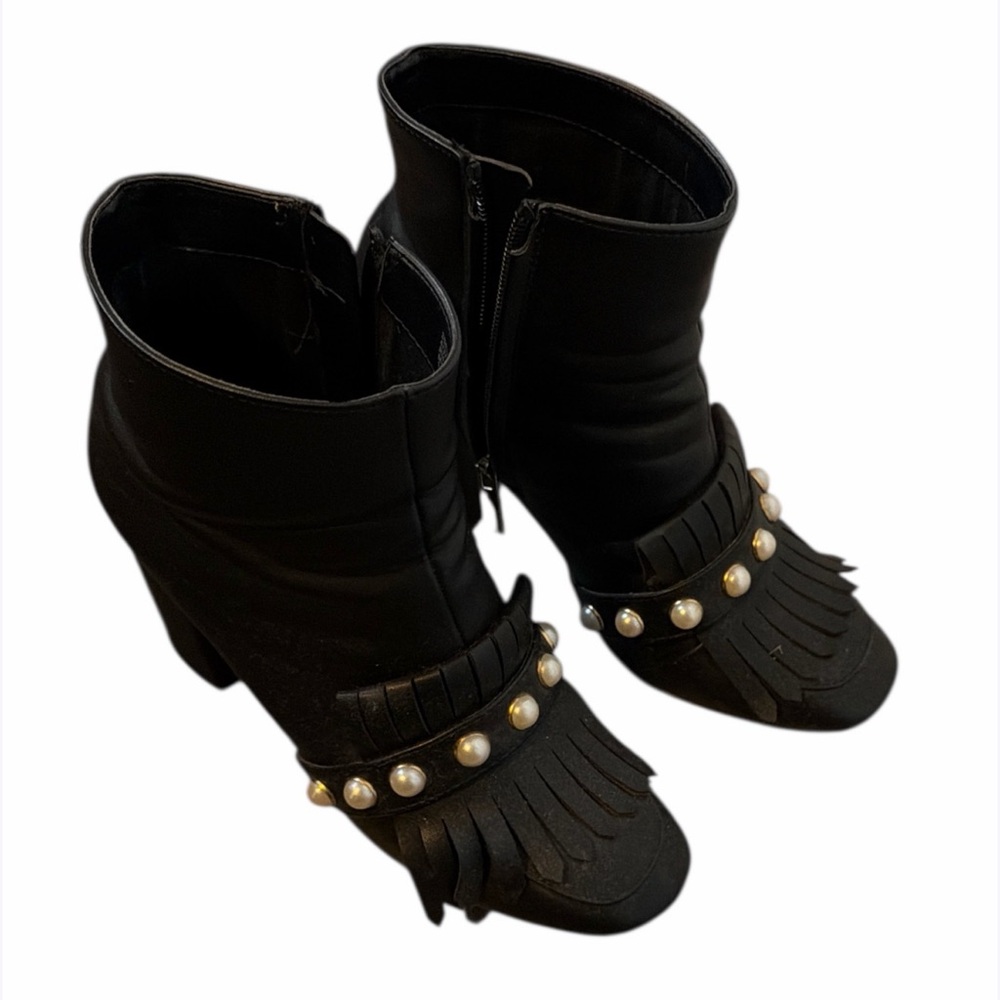 Primark Black Ankle Boots with Fringe and Pearl Details size 4UK or 6-6.5US